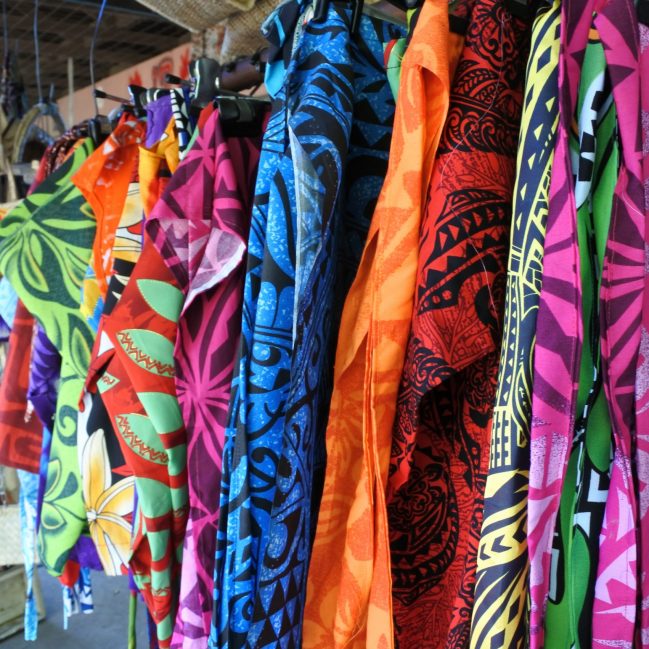 Tropical men shirts on display in the market.traditional clothing worn as a shirts by Polynesians and other Oceanic peoples.